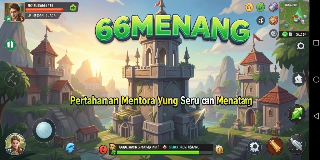 Gameplay seru di 66MENANG menampilkan menara melawan gelombang musuh.
